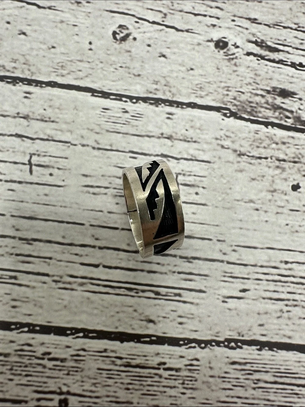 Hopi Silver Band Ring with Black Geometric Inlay